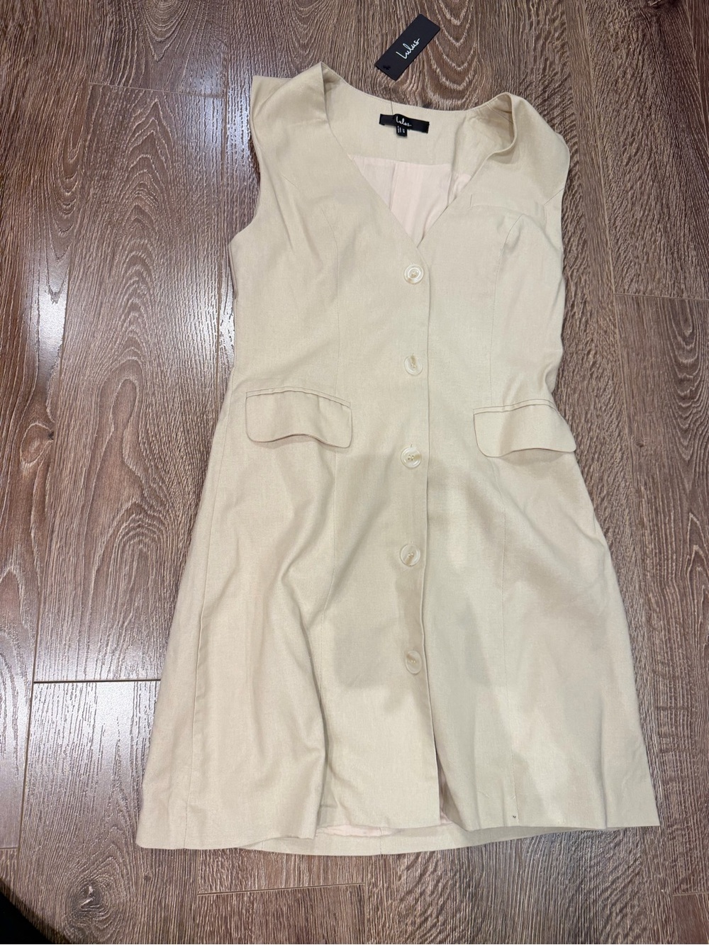 NWT LULUS Mairi Beige Linen Button-Front Sleeveless Mini Dress - Picture 3 of 4